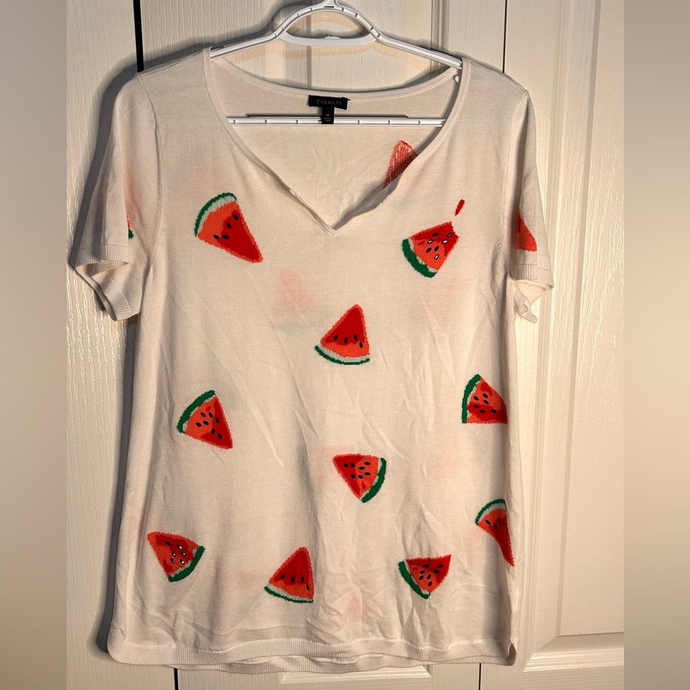 Talbots Beaded Slice Of Watermelon Cotton White Sweater Summer Top Shirt Medium